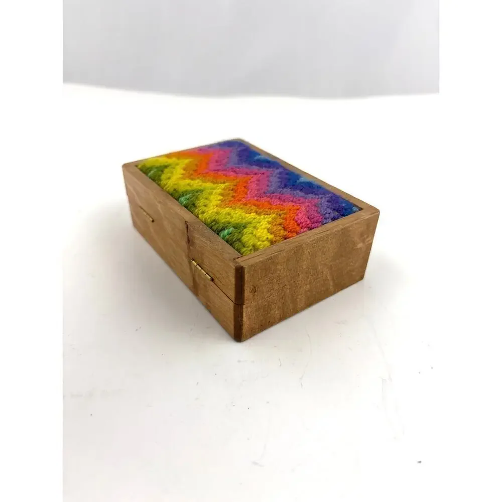 VTG Rainbow Chevron Fabric‎ Wooden Trinket Box Small 1970s
